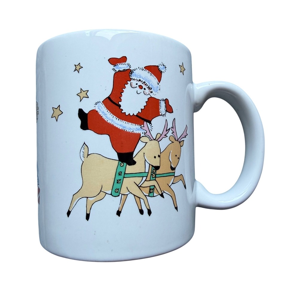 Vintage TMC Christmas Mug Santa Riding Reindeer Holiday Coffee Cup White Ceramic